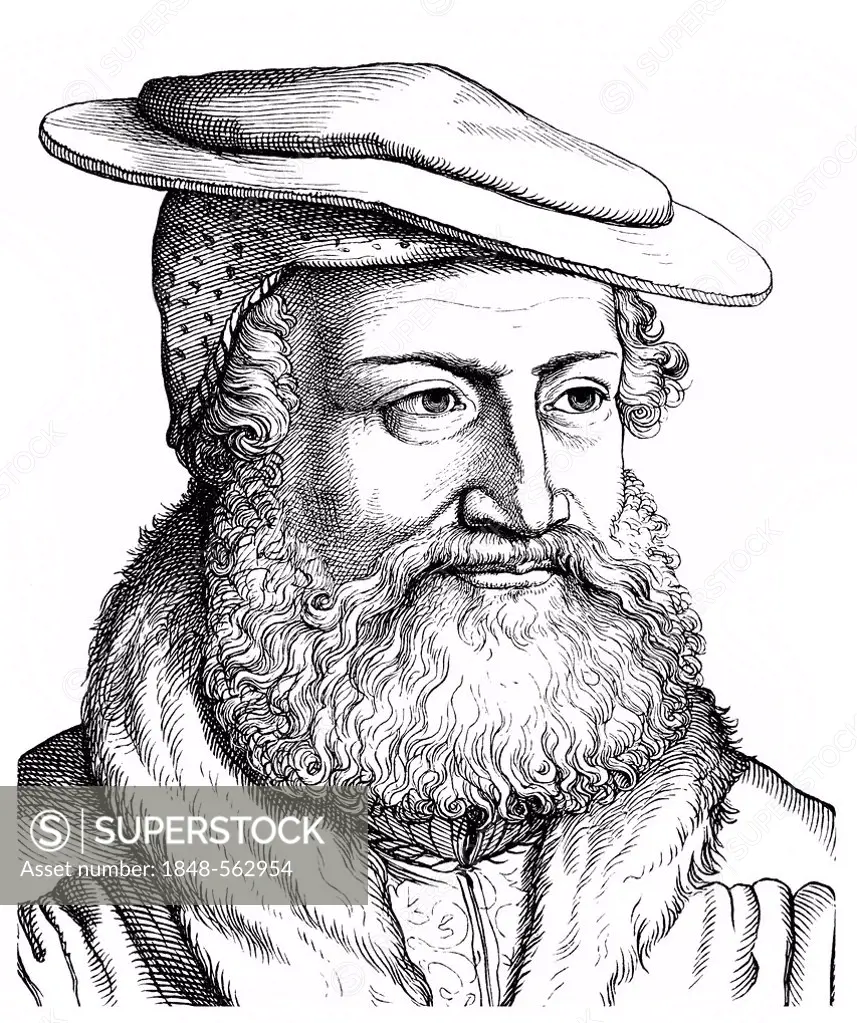 Historical drawing from the 19th century, portrait of Hans Sachs, 1494 - 1576, a Nuremberg poet, master singer and playwright