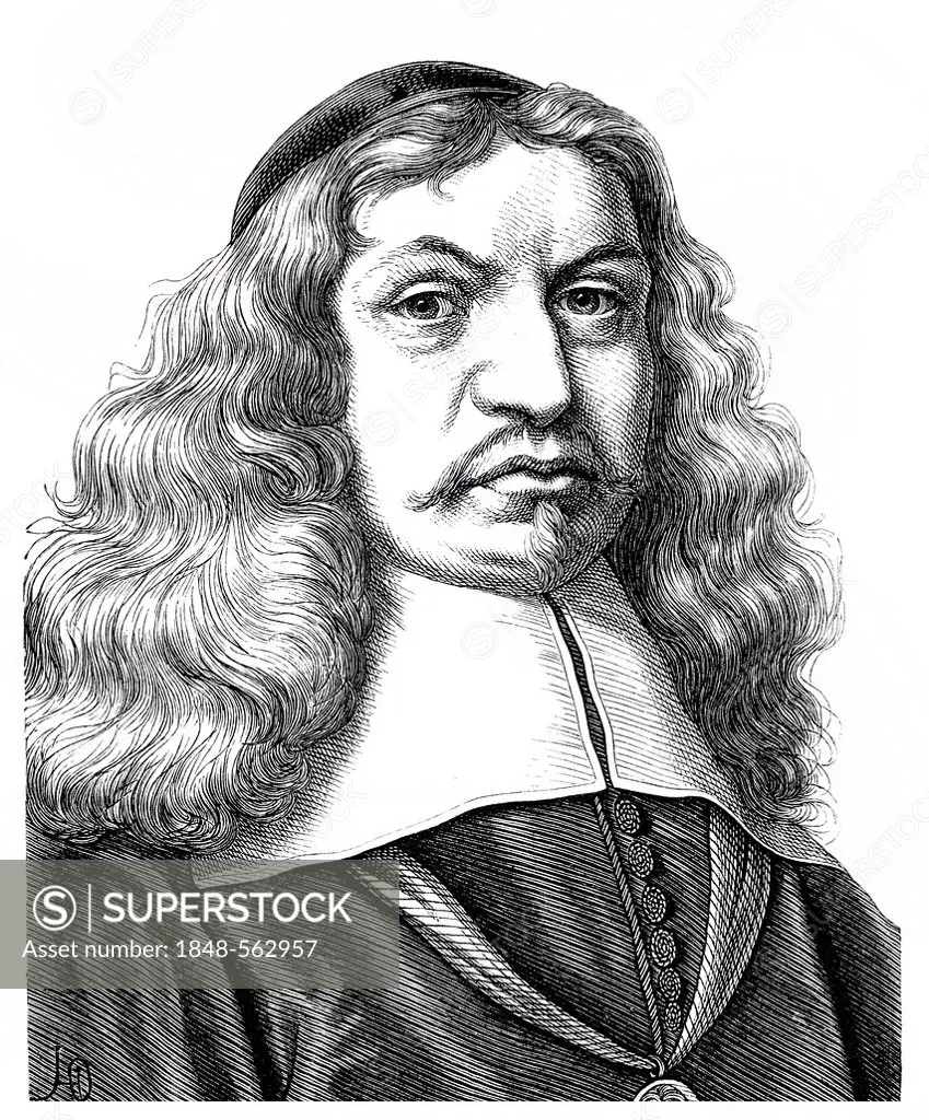 Historical drawing from the 19th century, portrait of Johann Rist, 1607 - 1667, a German poet and Lutheran protestant preacher