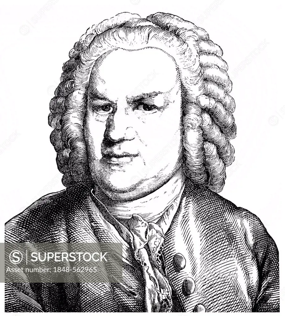 Historical drawing from the 19th century, portrait of Johann Sebastian Bach, 1685 - 1750, a German composer and organ and piano virtuoso of the Baroqu...