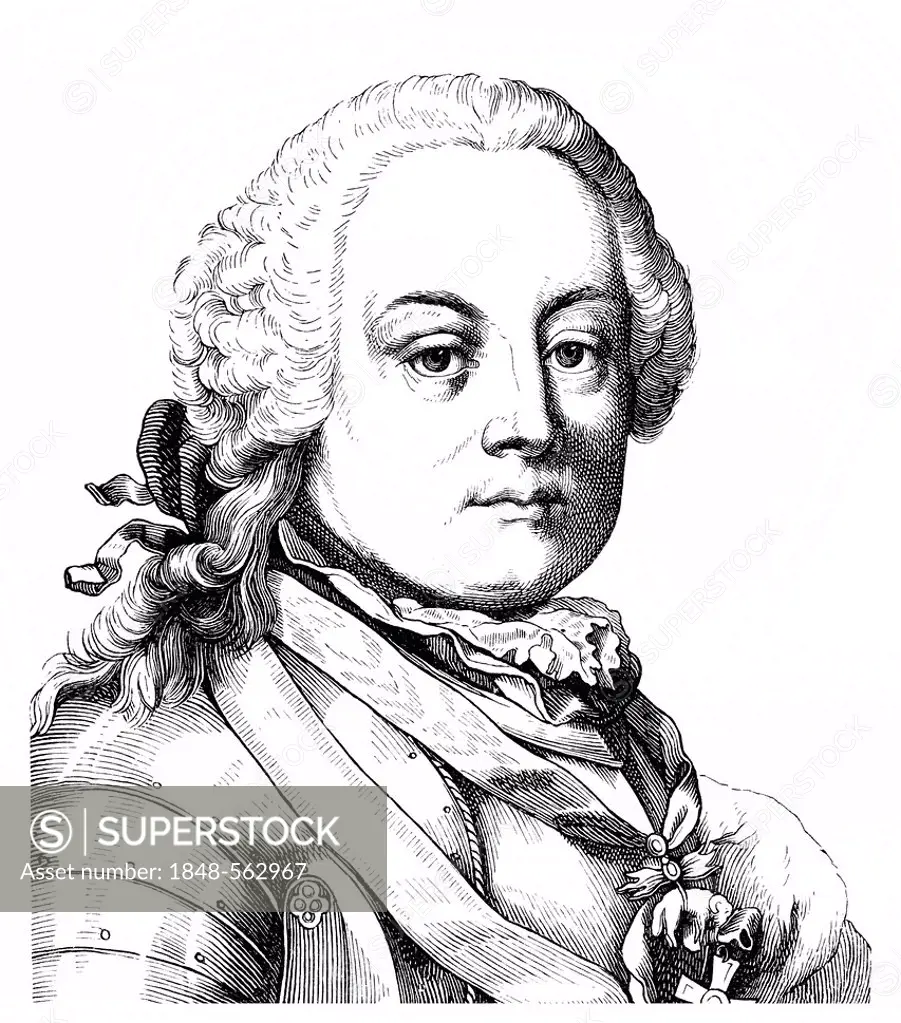 Historical drawing from the 19th century, portrait of Leopold Joseph Graf von Daun, Prince of Thiano, 1705 - 1766, an imperial Austrian field marshal ...