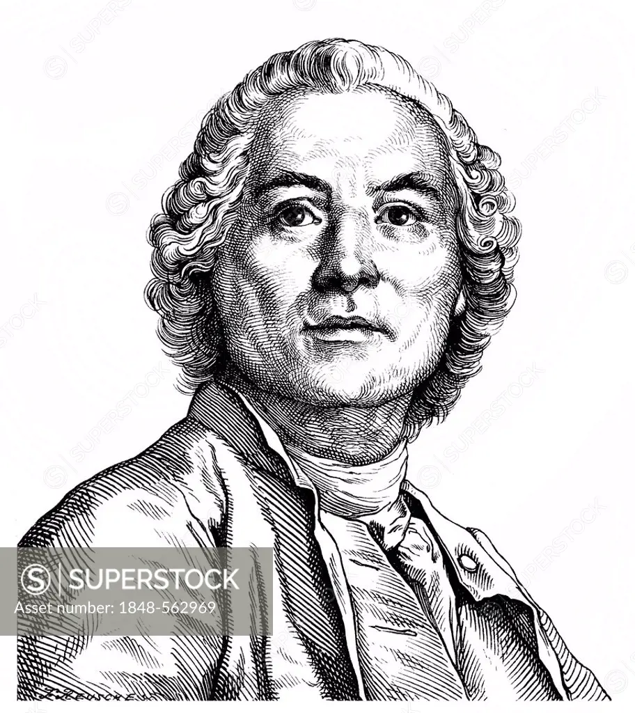 Historical drawing from the 19th century, portrait of Christoph Willibald Ritter von Gluck, 1714 - 1787, a German composer of the pre-classic, importa...