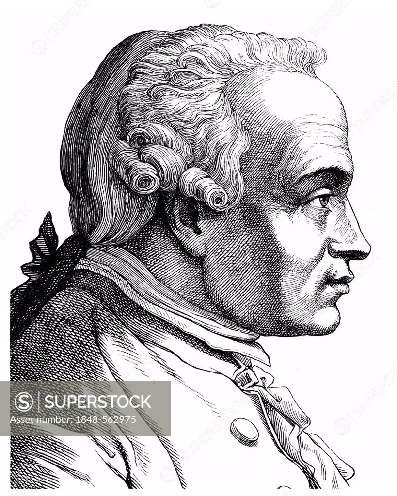 Historical drawing from the 19th century, portrait of Immanuel Kant, 1724 - 1804, a German philosopher of the Enlightenment