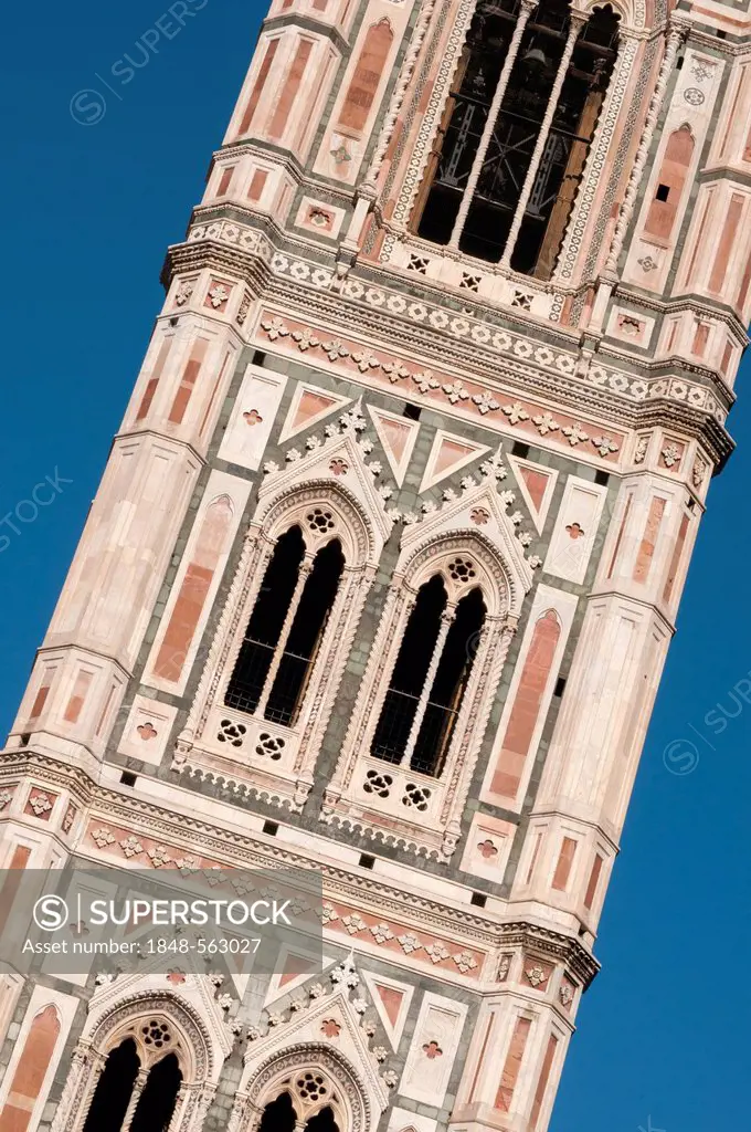 Detail of Giotto's Campanile, Duomo or Basilica di Santa Maria del Fiore, Basilica of Saint Mary of the Flower, Florence Cathedral, Firenze, Toscana, ...