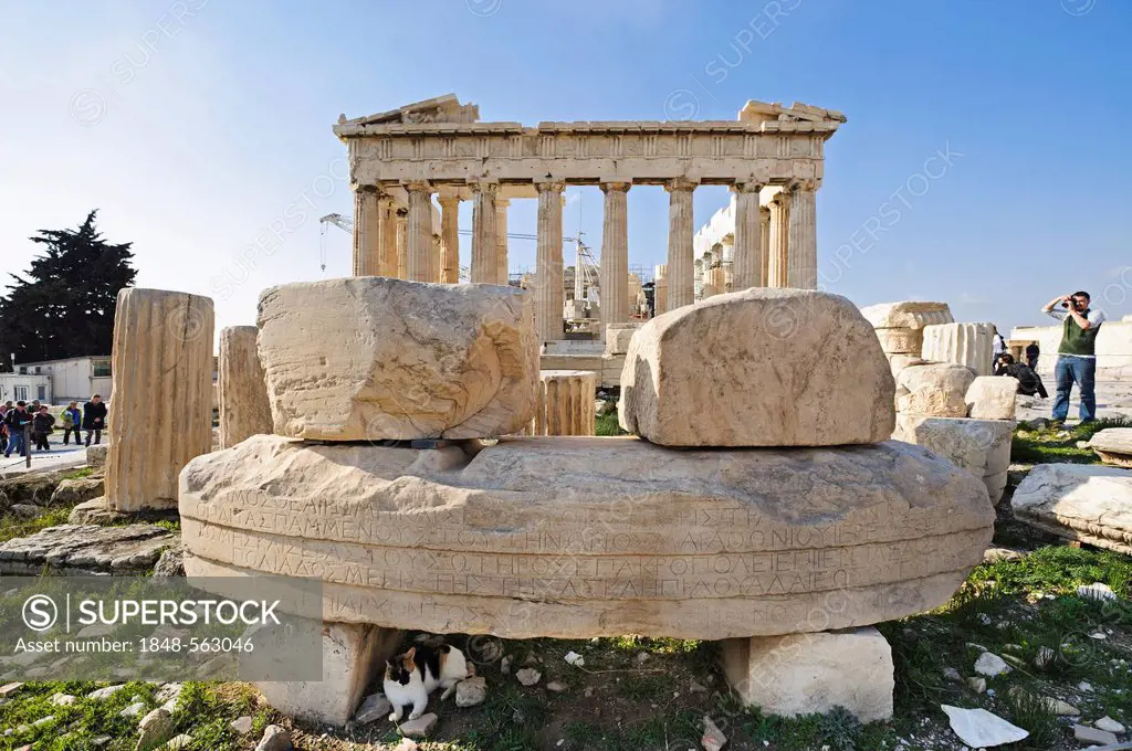 Remains of the Temple of Roma and Augustus in front of the Parthenon, Acropolis, Athens, Greece, Europe
