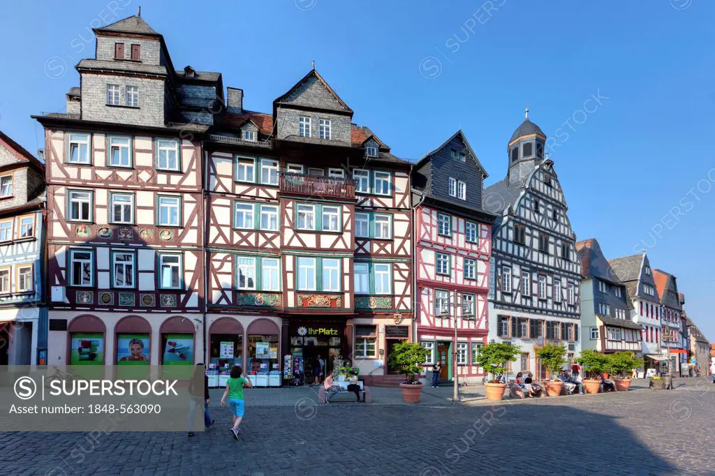Half-timbered houses on the Marktplatz square in the town of Butzbach, Hesse, Germany, Europe, PublicGround