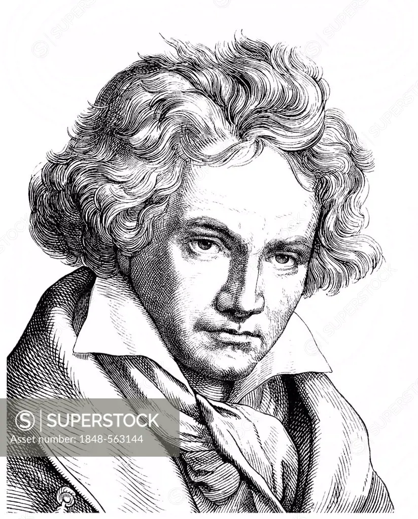 Historical drawing from the 19th century, portrait of Ludwig van Beethoven, 1770 -1827, a German composer of the First Viennese School