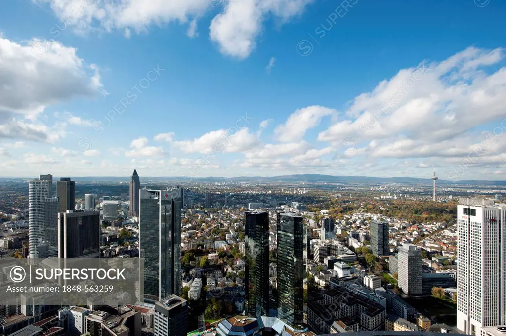 View of the skyscrapers in the financial district as seen from the Maintower, Frankfurt am Main, Hesse, Germany, Europe