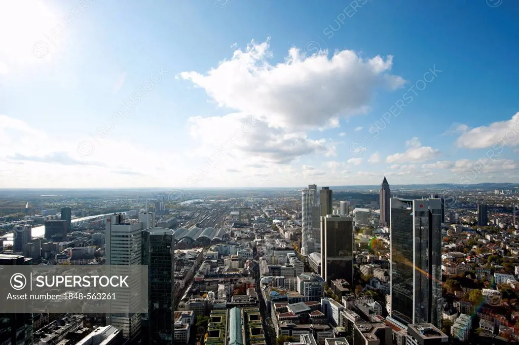 View of Frankfurt Central Station and the skyscrapers in the financial district as seen from the Maintower, Frankfurt am Main, Hesse, Germany, Europe