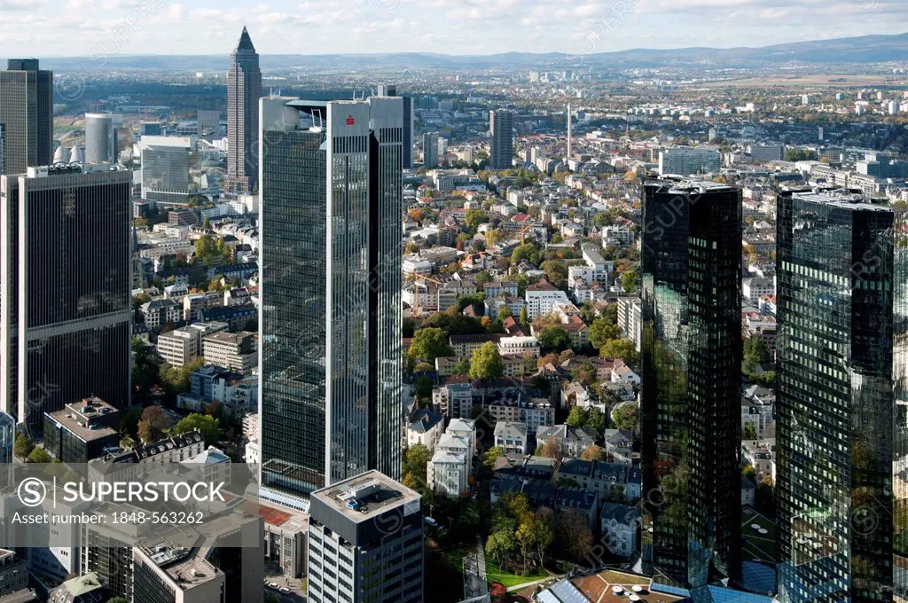 View of the skyscrapers in the financial district as seen from the Maintower, Frankfurt am Main, Hesse, Germany, Europe