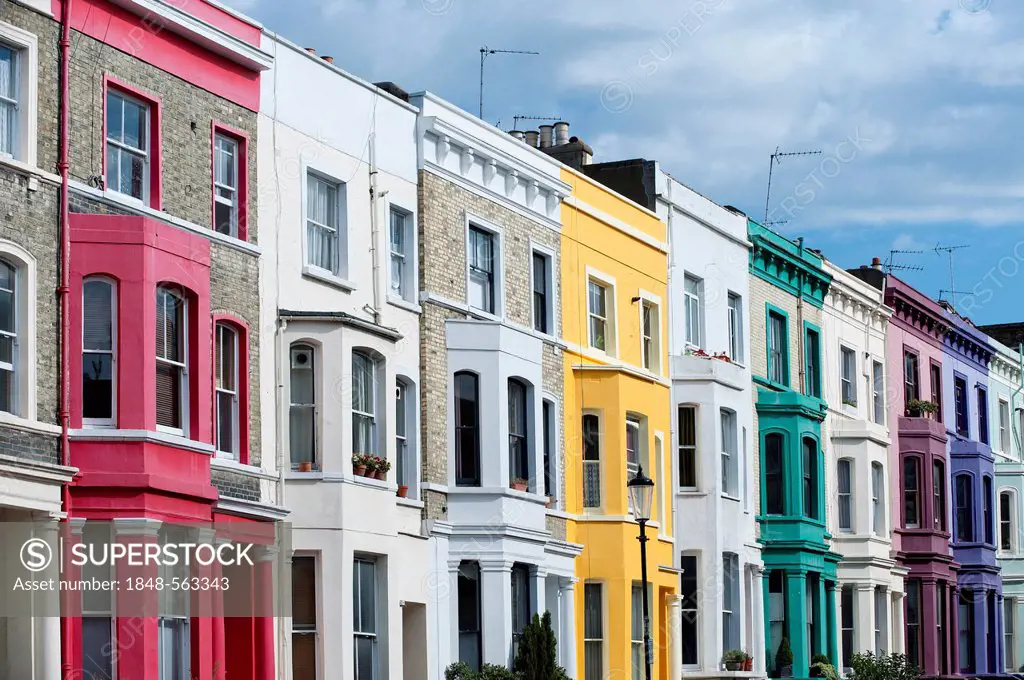 Colourful terraced houses, Portobello Road, Notting Hill, London, England, United Kingdom, Europe