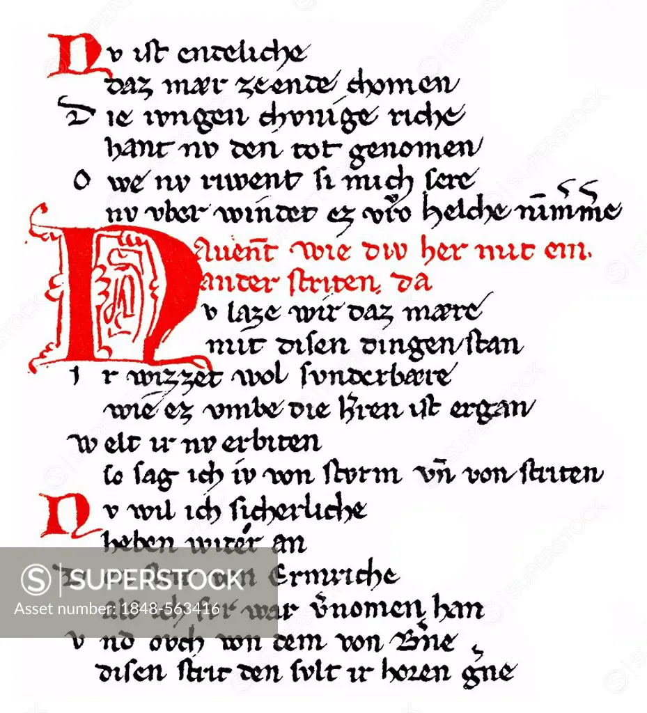 Historic print, manuscript, rhyming couplet verses from Dietrich's Flight, Middle High German heroic epic poem, Rabenschlacht, Raven Battle, 13th Cent...