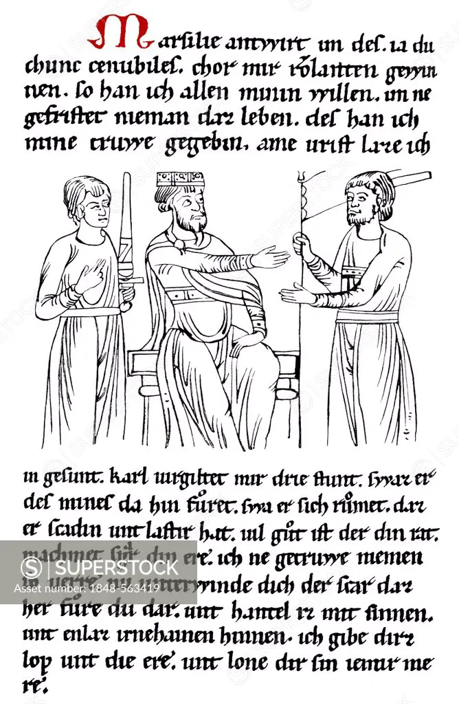 Historic print, manuscript by Pfaffe Konrad, Conrad the Priest, Middle High German Song of Roland, 12th Century, from the Illustrated Atlas of the His...