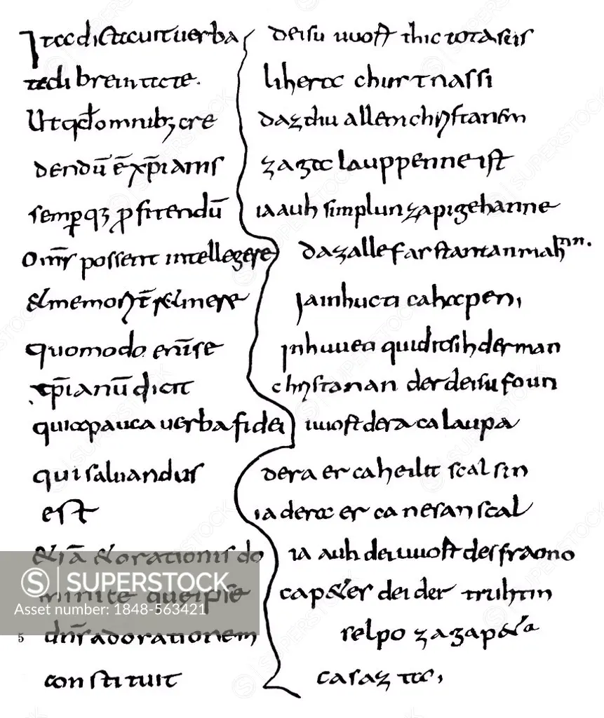 Historic print, manuscript, Exhortatio ad plebem christianam, Altbairisch, Old Bavarian text from the 9th Century, Latin and German, from the Illustra...