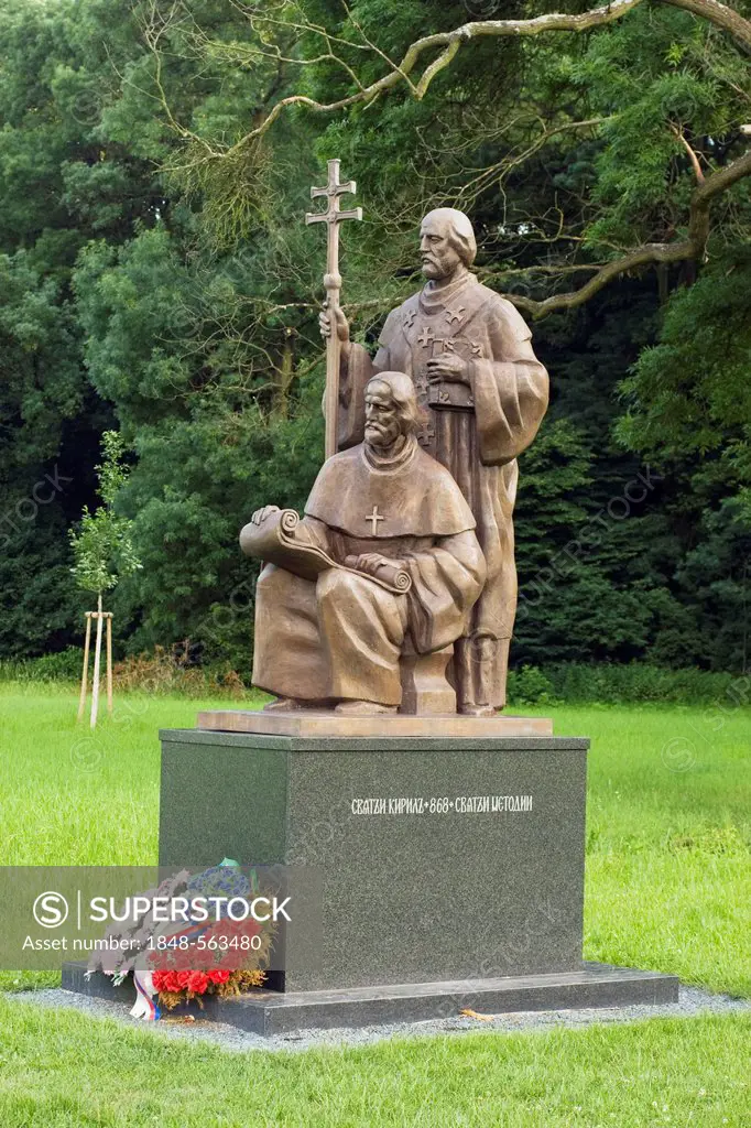 Cyril and Methodius sculpture, Mikulcice, National Monument, Hodonin district, Southern Moravia region, Czech Republic, Europe