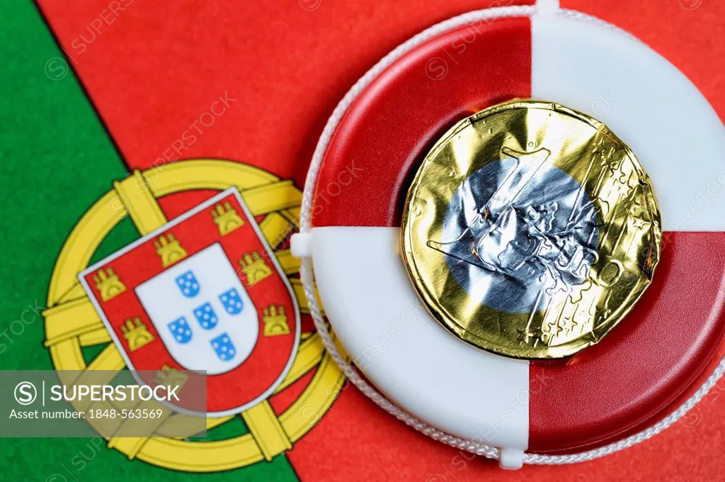 Euro coin made from crumpled foil on a life buoy and the Portuguese flag, symbolic image, Portuguese debt crisis