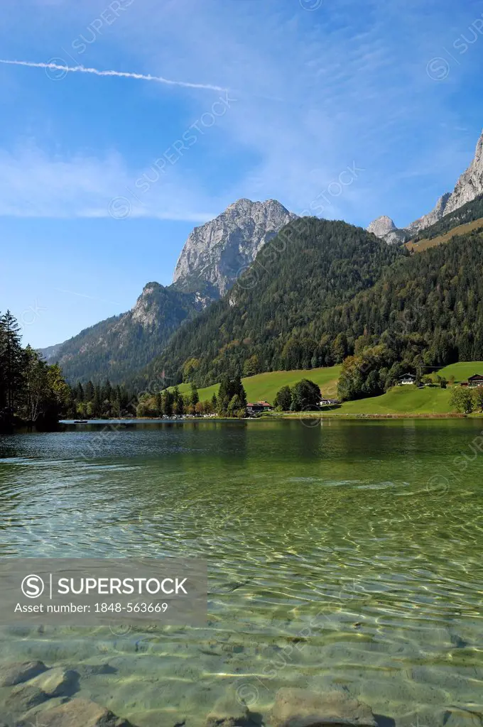 Hintersee Lake with Mt Muehlsturzhoerner, Hintersee, Ramsau, Upper Bavaria, Germany, Europe