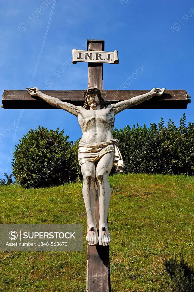 Crucifix in the old cemetery of Sankt Sebastian parish church, Ramsau, Upper Bavaria, Germany, Europe