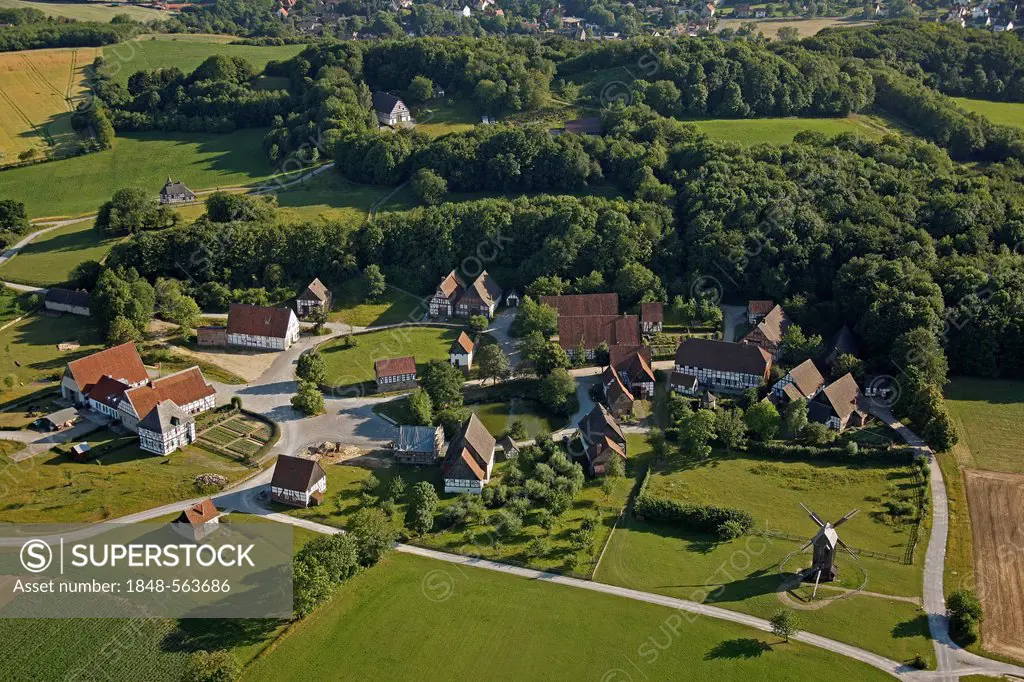 Aerial view, Paderborn village in the outdoor museum, parsonage and restaurant, Detmold Open-air Museum, Ostwestfalen-Lippe, eastern Westphalia, North...
