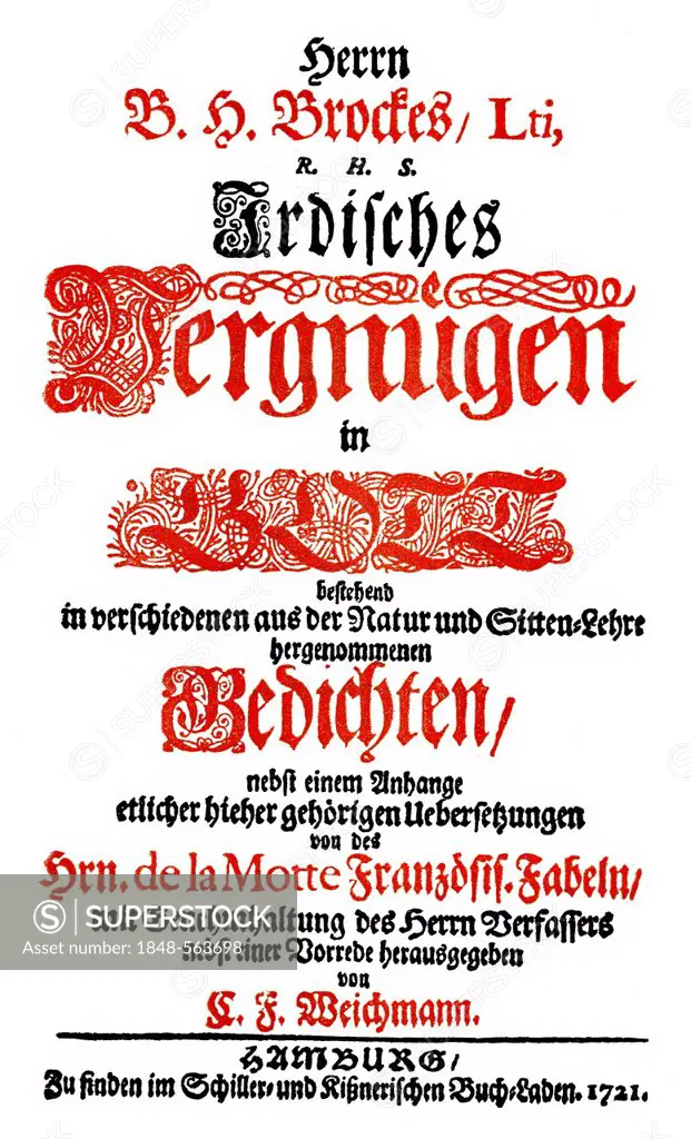 Historic print, title page of Irdisches Vergnuegen in Gott, a collection of poems, 1721, by Barthold Heinrich Brockes also known as Bertold Hinrich Br...