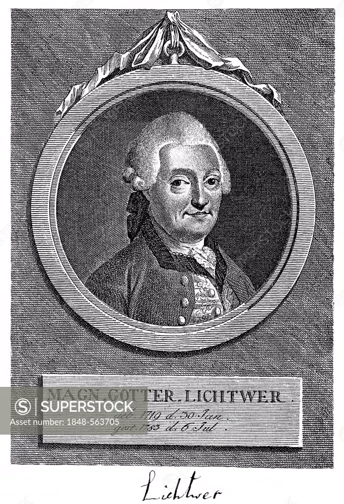 Historic print, copper engraving, 1770, portrait of Magnus Gottfried Lichtwer the Younger, 1719 - 1783, a German lawyer and fabulist of the Age of Enl...