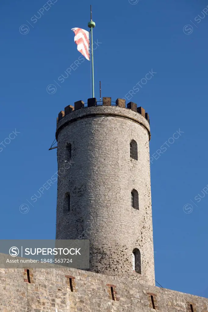 Tower of Sparrenburg castle, Sparrenberg hill, Bielefeld, Ostwestfalen-Lippe region, North Rhine-Westphalia, Germany, Europe, PublicGround