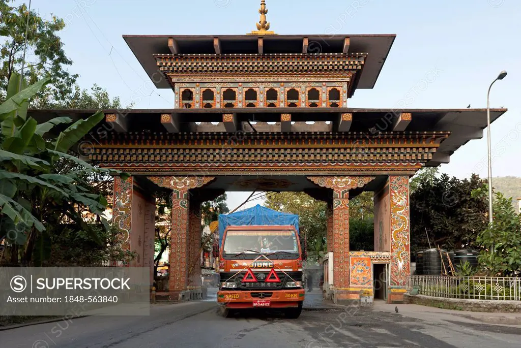 Truck of a Bhutanese transport company crossing the border through the Bhutan Gate, Gate of Bhutan, from Jaigoan, West Bengal, India, to Phuentsholing...