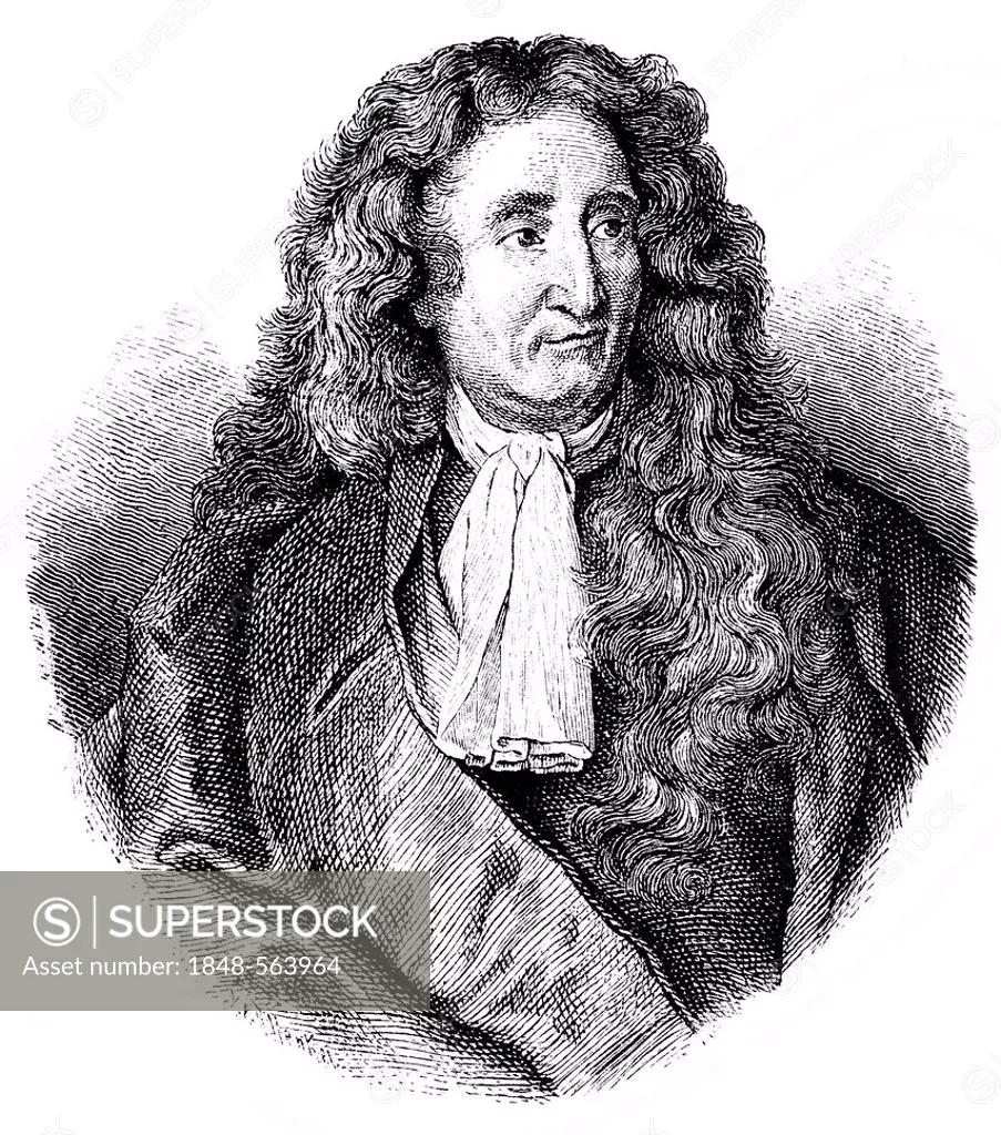 Historical print from the 19th century, portrait of Jean de La Fontaine, 1621 - 1695, a French writer