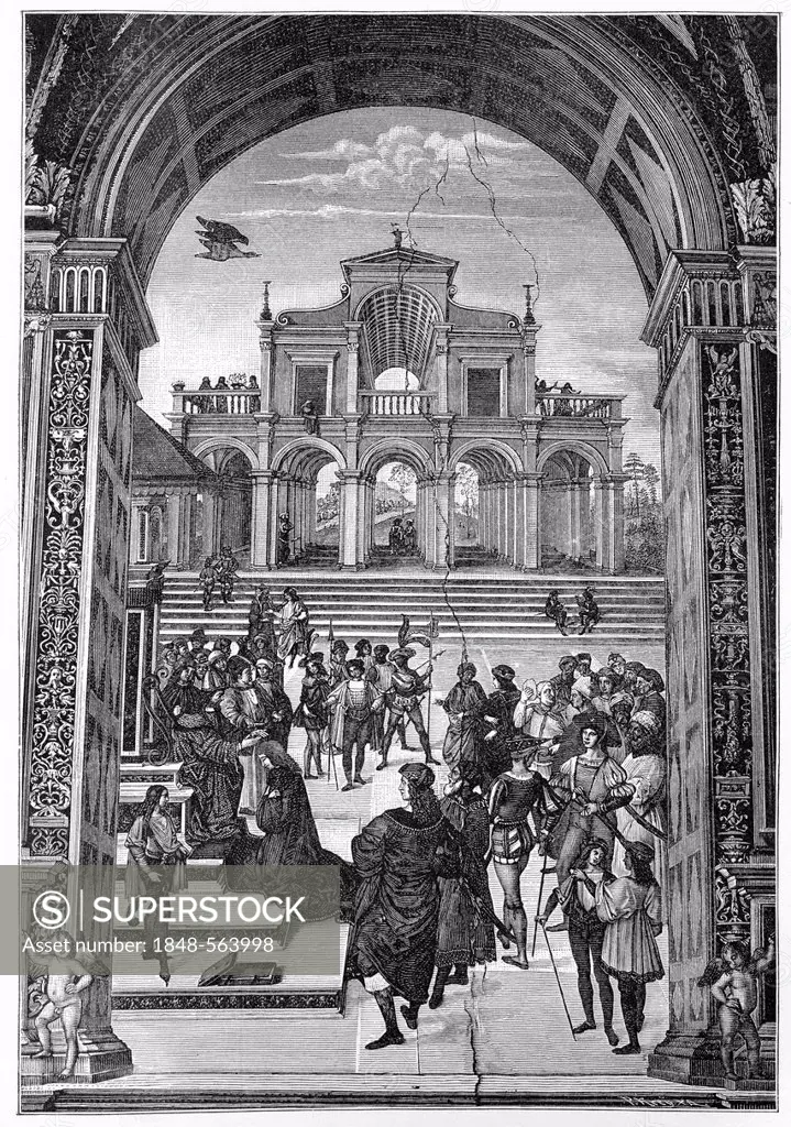 Historical print from the 19th century, coronation of Enea Silvio Piccolomini, 1405 - 1464, Pope Pius II, of the Catholic Church by Frederick III, 141...