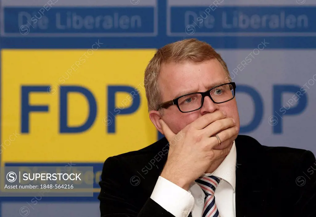 Euro-critic Frank Schaeffler, member of Parliament for FDP, Free Democratic Party, at a discussion meeting, Plaidt, Rhineland-Palatinate, Germany, Eur...