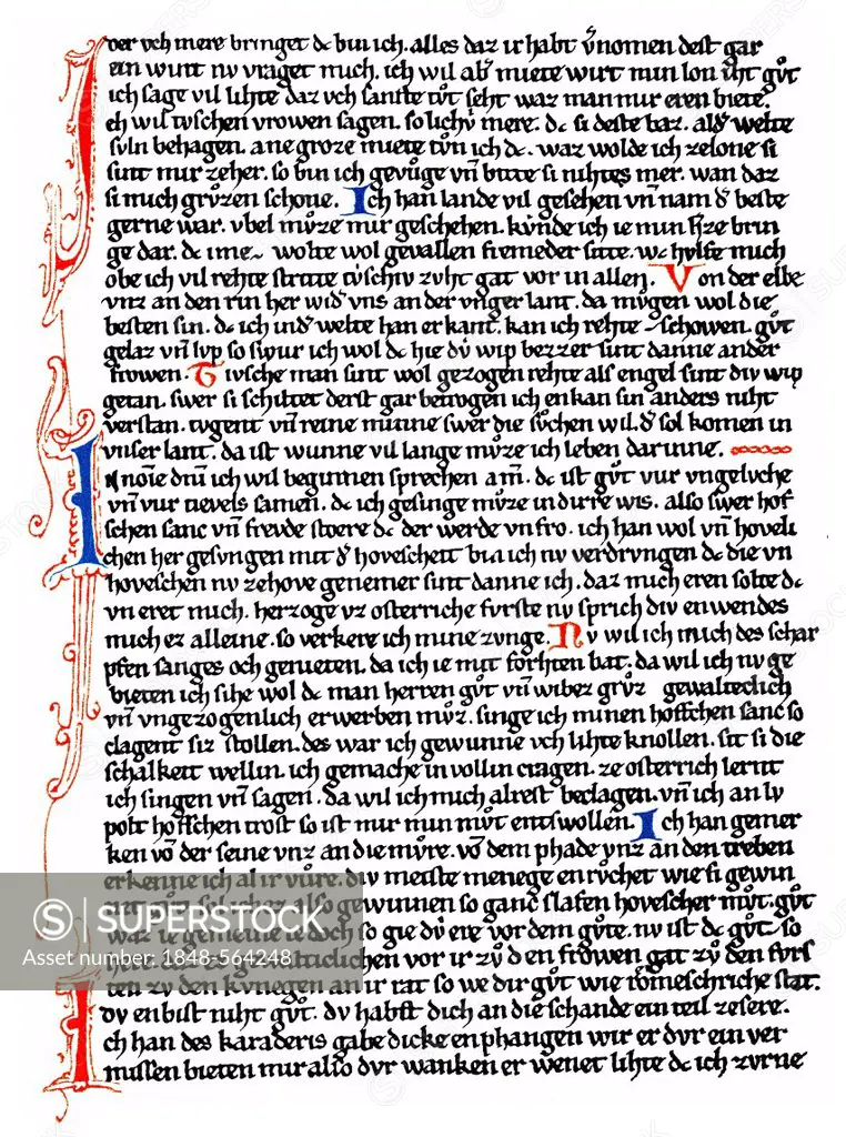 Historic print, manuscript, Great Heidelberg Song Manuscript, Codex Manesse, by Walther von der Vogelweide, from 1170 - 1230, German poet of the Middl...