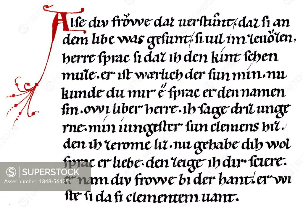 Historic print, manuscript, Vorau Manuscript, The Emperor Chronicle or crônic, history written in rhyming Early Middle High German, 12th Century, fro...