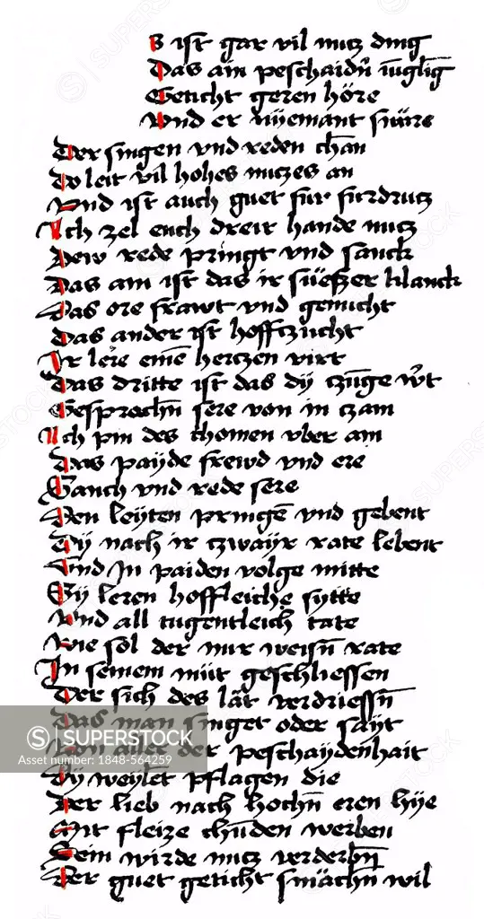 Historic print, manuscript, Partonopier and Meliur, poem by Konrad von Wuerzburg or Master Conrad, 1220-1230 - 1287, German poet, epic and didactic po...