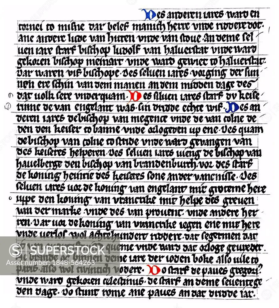 Historic print, manuscript, the Saxon Chronicle of the World, the first German-language chronicle in prose, written in Middle High and Middle Low Germ...