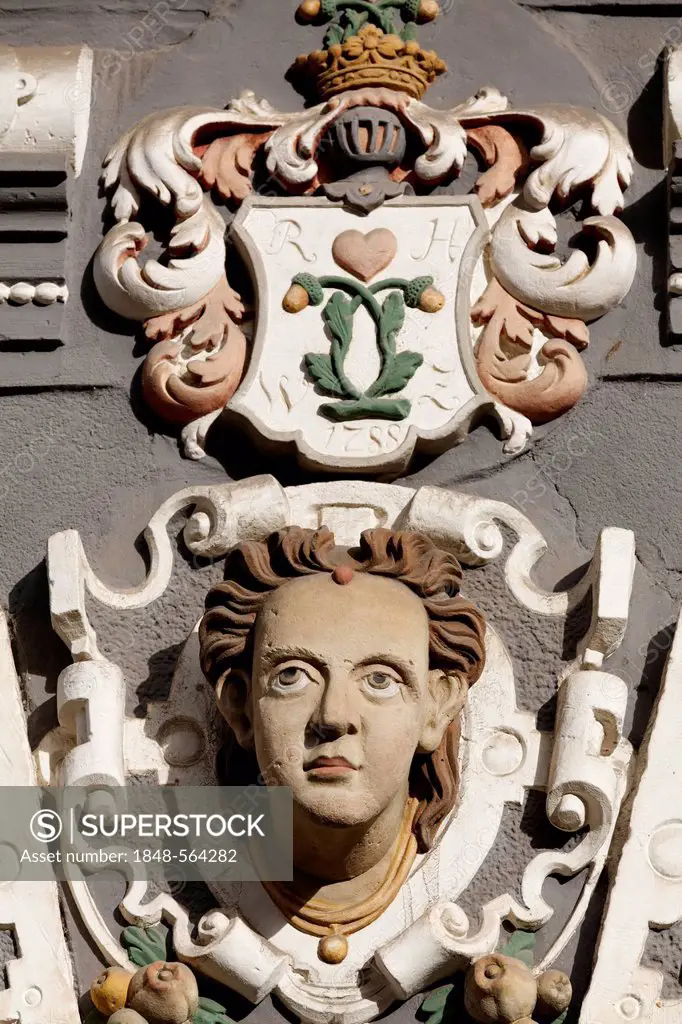 Sculptural decoration on a Renaissance facade, Haus zum Stockfisch Museum, Erfurt, Thuringia, Germany, Europe, PublicGround