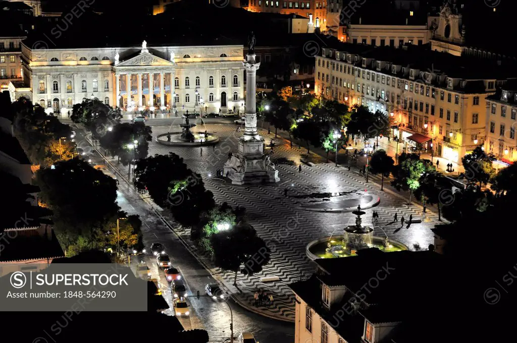 Praca de D. Pedro IV or Rossio square by night, with a statue of Dom Pedro IV, Lisbon, Portugal, Europe