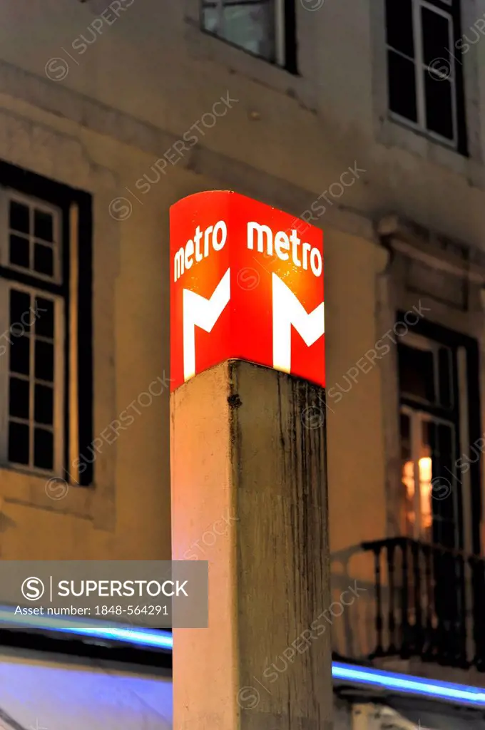 Metro sign, Rossio metro station, Lisbon, Portugal, Europe