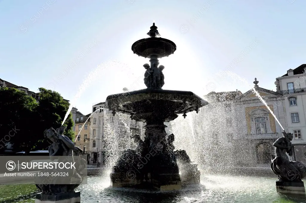 Fountain with sculptures, Rossio Square, Praca de Dom Pedro IV, historic district, Lisbon, Lisboa, Portugal, Europe