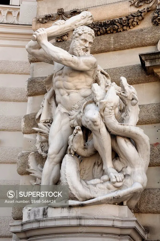 Hercules killing the Hydra, 1893, sculpture in front of the Hofburg Imperial Palace, St. Michael's Square, Vienna, Austria, Europe