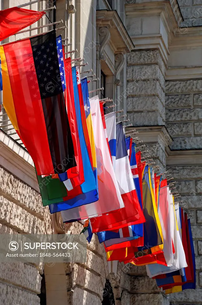 International flags at the Hofburg Imperial Palace, Heldenplatz square, Vienna, Austria, Europe
