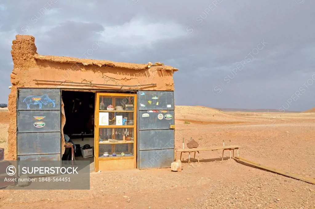 Souvenir shop built with mud bricks, near old Berber village of Aït Benhaddou, famous for movie sets incl. Gladiator, UNESCO World Heritage Site, at t...