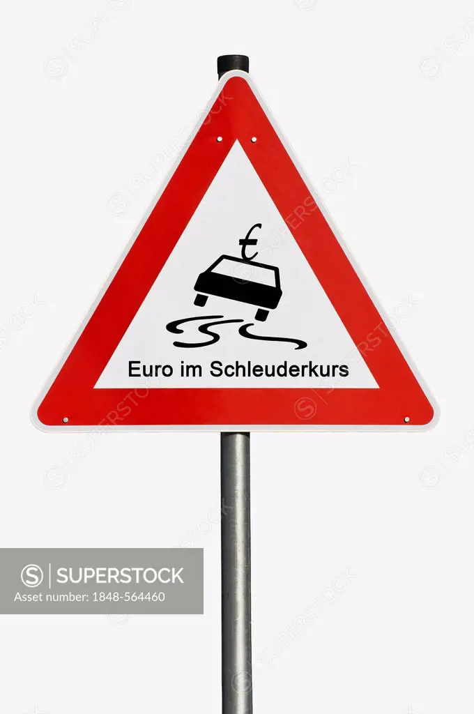 Traffic sign, danger ahead, euro in a spin, symbolic image