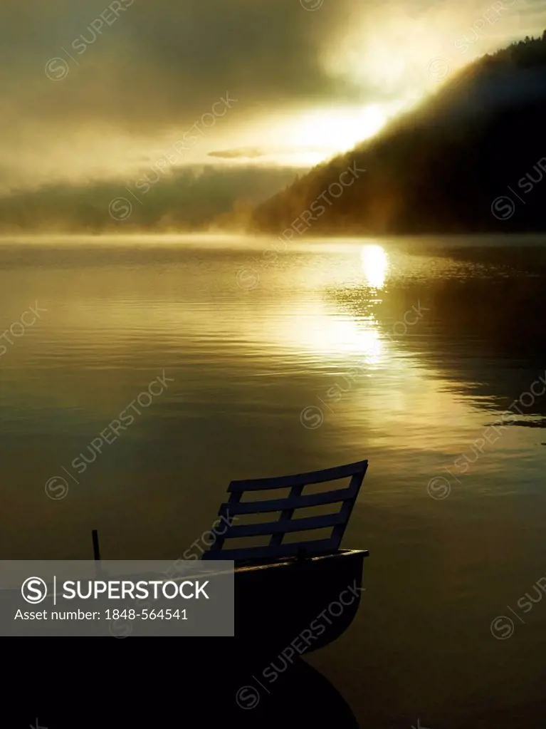 Sunrise at Walchensee Lake with fog, Einsiedl, Bavaria, Germany, Europe