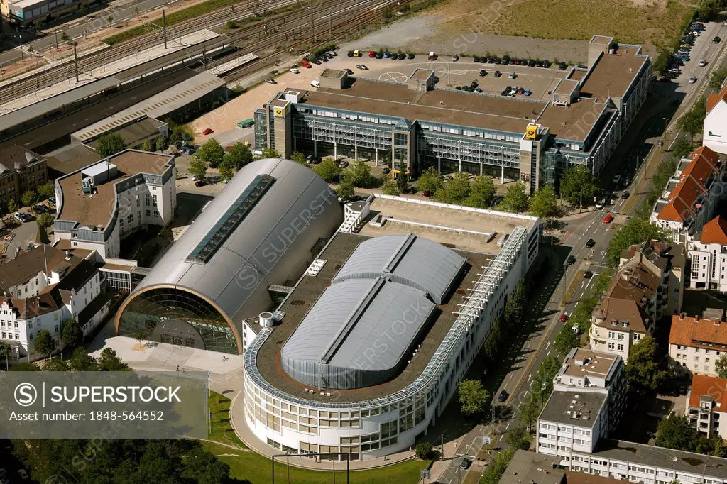 Aerial view, central station, station district, new station district with Cinemaxx, Bielefeld, Ostwestfalen-Lippe, eastern Westphalia, North Rhine-Wes...