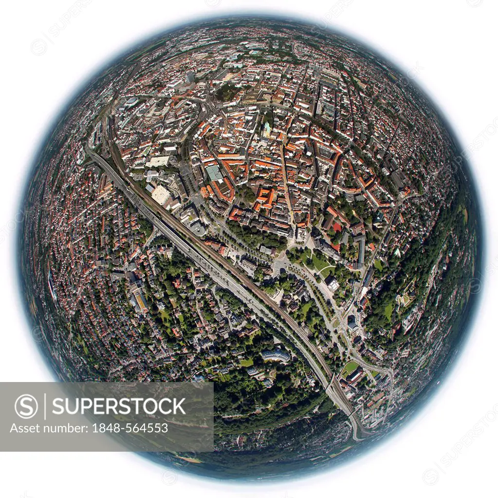 Aerial view, fisheye perspective, historic centre, Bielefeld, Ostwestfalen-Lippe, eastern Westphalia, North Rhine-Westphalia, Germany, Europe