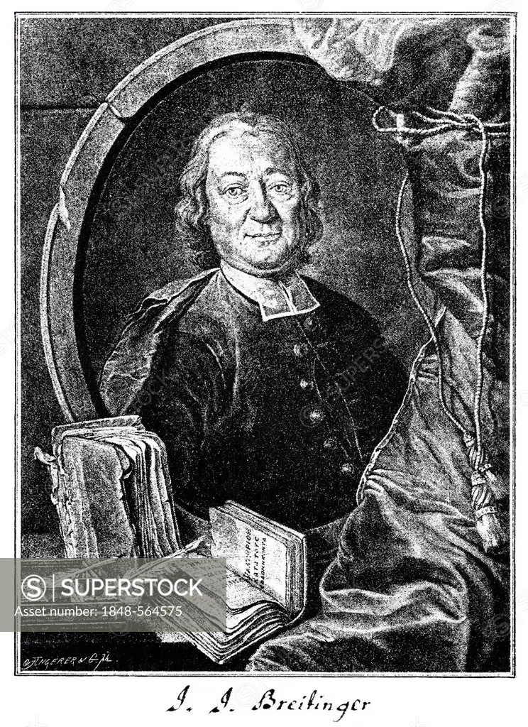 Historic print, copper engraving, 1741, portrait of Johann Jakob Breitinger, 1701 - 1776, a Swiss philologist and author, from Bildatlas zur Geschicht...