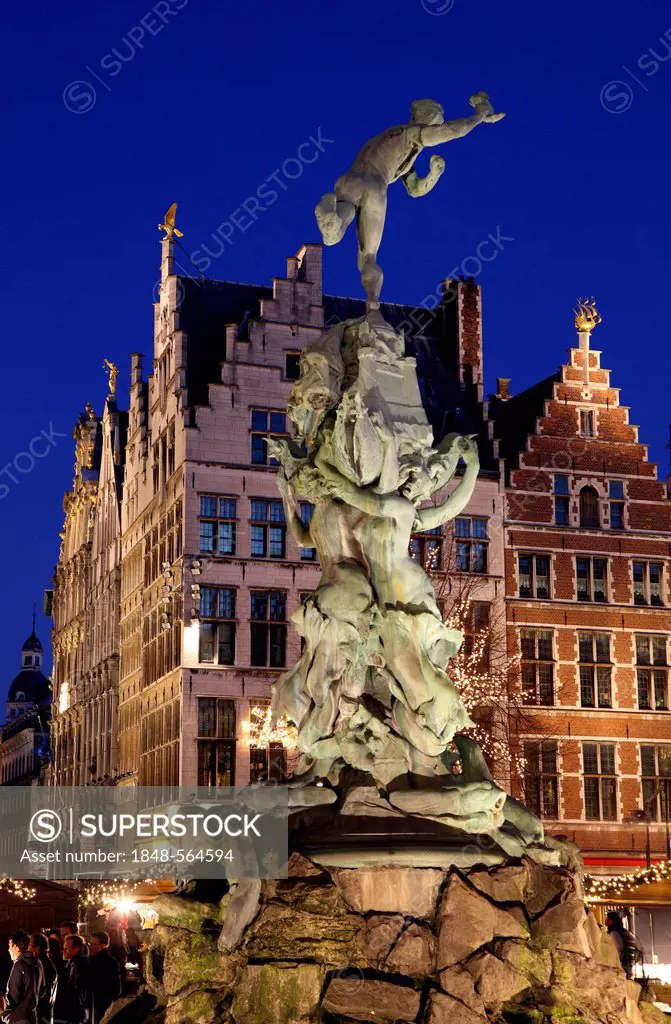 Brabo fountain, guild houses and gabled houses in the back, ornate facades, golden figures on the pointed gables, Grote Markt, historic centre of Antw...