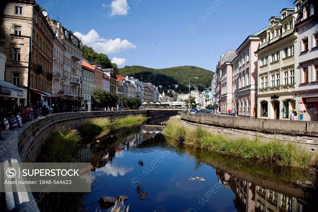 Promenade with view over casino and spa resort hotels, Karlovy Vary, also Karlsbad or Carlsbad, Western Bohemia, Czech Republic, Europe