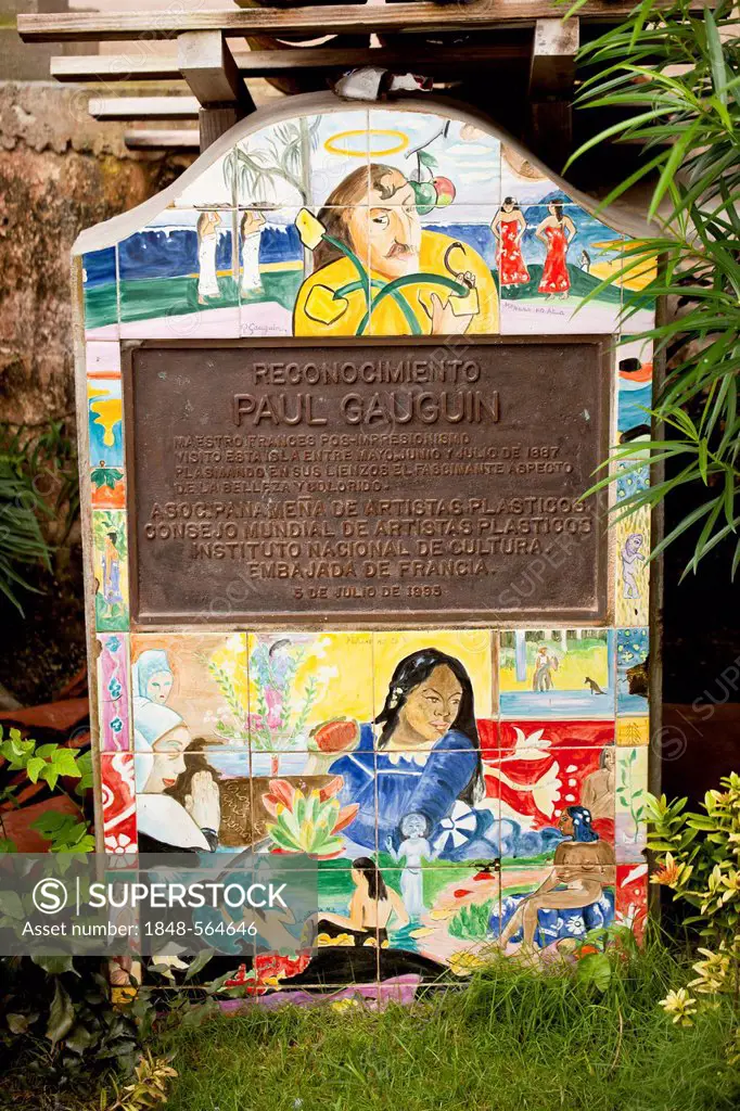 Memorial stone commemorating the visit of the painter Paul Gauguin on the island of Isla Taboga, Panama, Central America