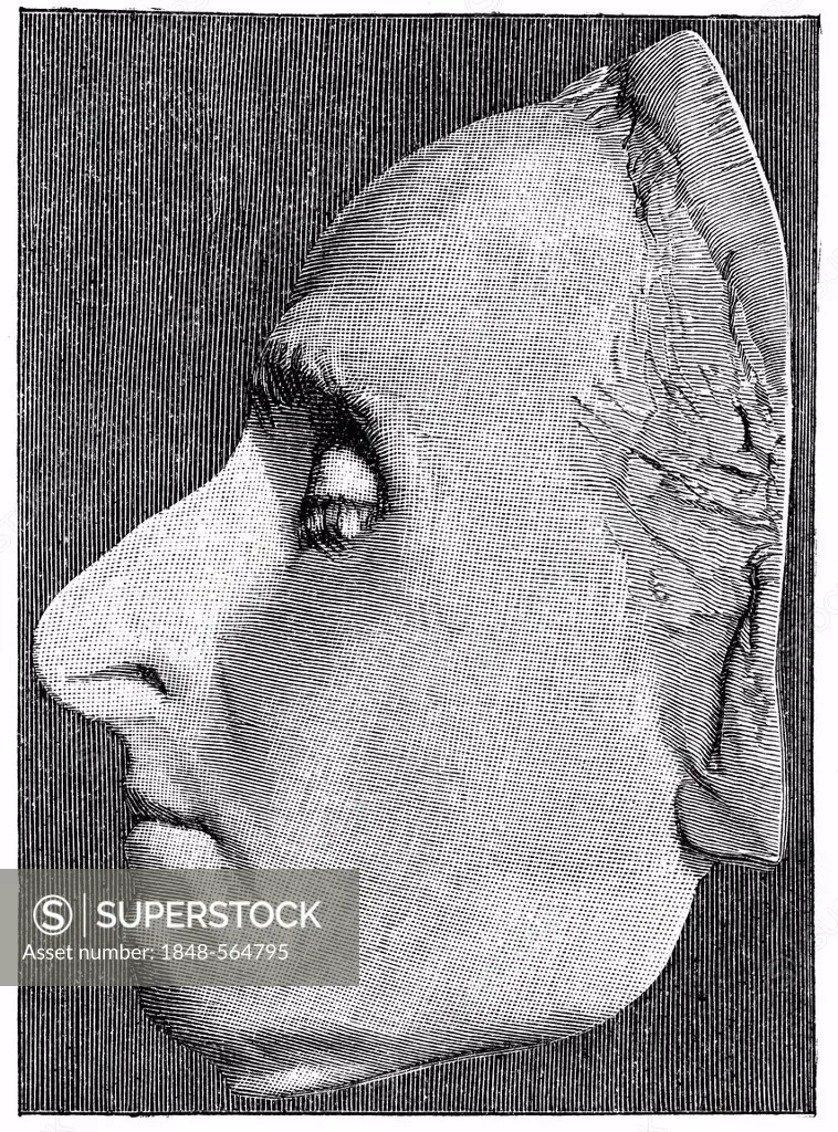 Historical print from the 19th century, the death mask of Blaise Pascal, 1623 - 1662, a French mathematician, physicist, philosopher, writer and Catho...