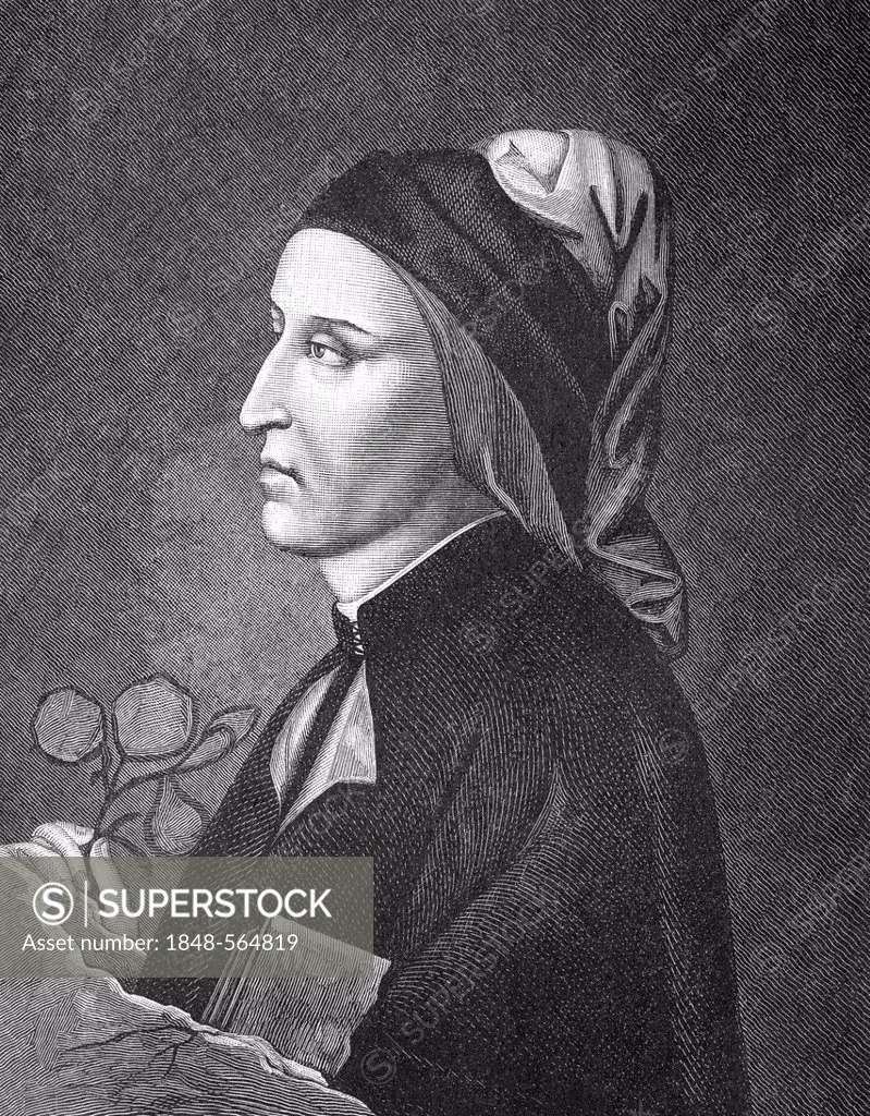Historical drawing from the 19th century, portrait of Dante Alighieri, 1265 - 1321, an Italian poet and philosopher